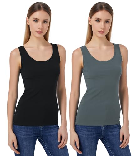 Mcilia Damen Mini-Gerippt Elastische Trägershirt mit U-Ausschnitt 2-Pack Schwarz/Grau Grün Größe XL (EU 46 48) von Mcilia