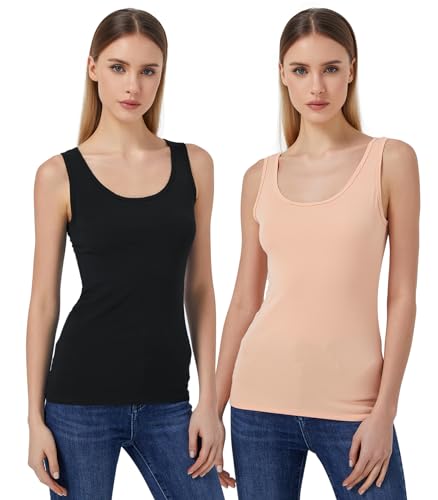Mcilia Damen Mini-Gerippt Elastische Trägershirt mit U-Ausschnitt 2-Pack Schwarz/Hellorange Größe XL (EU 46 48) von Mcilia