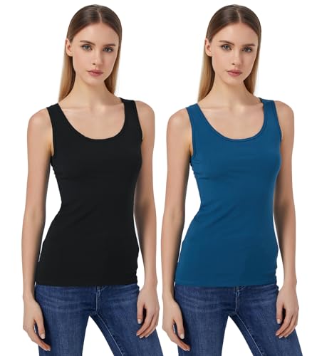 Mcilia Damen Mini-Gerippt Elastische Trägershirt mit U-Ausschnitt 2-Pack Schwarz/Pfauenblau Größe S (EU 34 36) von Mcilia