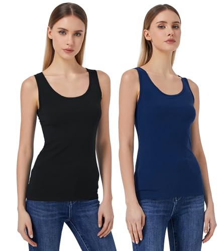 Mcilia Damen Mini-Gerippt Elastische Trägershirt mit U-Ausschnitt 2-Pack Schwarz/Royal Blue Größe L (EU 42 44) von Mcilia