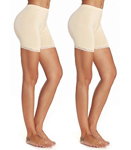 Mcilia Damen Ultradünne Modal elastische Kurze Leggings 2-Pack Beige Spitzenbesatz Größe L (EU 46 48) von Mcilia