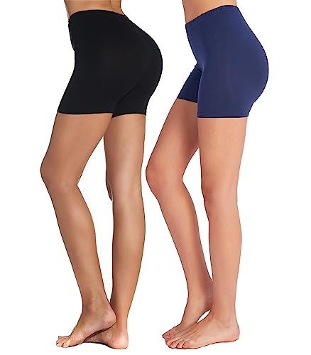 Mcilia Damen Ultradünne Modal elastische Kurze Leggings 2-Pack Plain Schwarz/Blau Größe XL (EU 50 52) von Mcilia