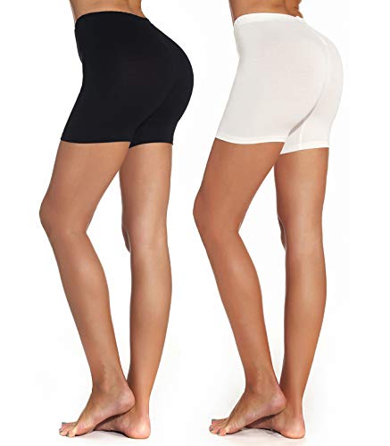 Mcilia Damen Ultradünne Modal elastische Kurze Leggings 2-Pack Plain Schwarz/Cremeweiß Größe XL (EU 50 52) von Mcilia
