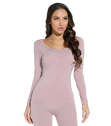 Mcilia Damen Ultradünnes Thermo-Unterhemd aus Modal mit Rundhalsausschnitt und langem Ärmel Haut Rosa Large (EU 44 46) von Mcilia