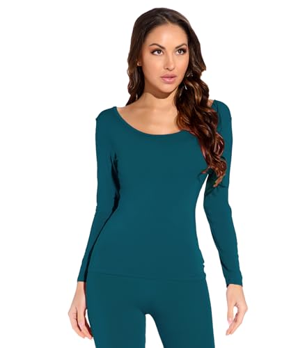 Mcilia Damen Ultradünnes Thermo-Unterhemd aus Modal mit Rundhalsausschnitt und langem Ärmel Pfauenblau Small (EU 34 36 38) von Mcilia