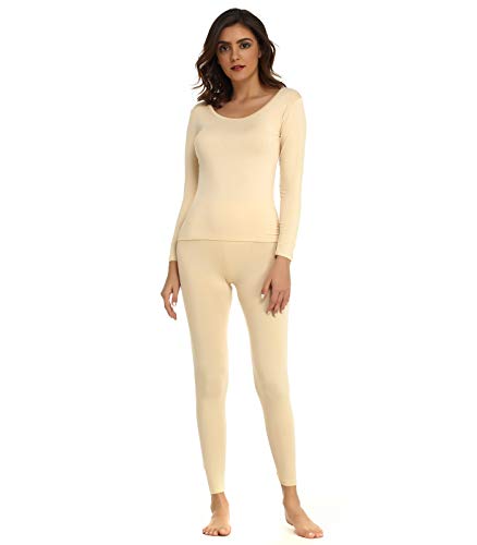 Mcilia Damen Ultradünnes Thermo-Unterwäsche Oberteil & Unterteil-Set aus Modal mit Rundhalsausschnitt Beige Medium (EU 40 42) von Mcilia