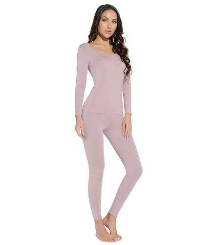 Mcilia Damen Ultradünnes Thermo-Unterwäsche Oberteil & Unterteil-Set aus Modal mit Rundhalsausschnitt Haut Rosa Large (EU 44 46) von Mcilia