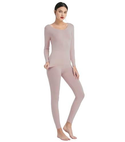 Mcilia Damen Ultradünnes Thermo-Unterwäsche Oberteil & Unterteil-Set aus Modal mit tiefem Rundhalsausschnitt Haut Rosa Medium (EU 40 42) von Mcilia