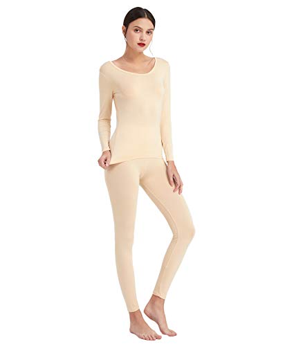 Mcilia Damen Ultradünnes Thermo-Unterwäsche Oberteil & Unterteil-Set aus Modal mit tiefem Rundhalsausschnitt Beige Medium (EU 40 42) von Mcilia