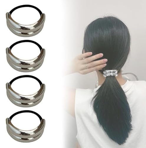 Metall-Haargummi, Pferdeschwanz-Haarmanschette, glänzendes Pferdeschwanz-Haargummi mit doppeltem Bogen für Damen, modisches Ellipsen-elastisches Haarband,Retro-Temperament-Stirnband (Silbrig - B) von Mciluyaiio