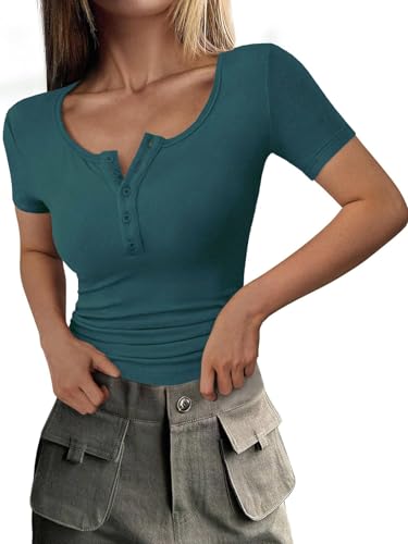 Mcnlyce Basic Tshirts Damen Sommer Oberteile Knopfleiste Henley Tshirt Gerippt Eng U-Ausschnitt T Shirt Kurzarm Elegant Stretch RIPP Grün S von Mcnlyce