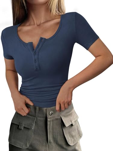 Mcnlyce Damen Tshirt Sommer U Ausschnitt T Shirt RIPP Kurzarm Oberteil Eng Elegant Basic T-Shirt Baumwolle Business Outfit Dunkelblau M von Mcnlyce