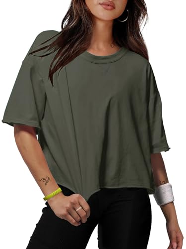 Mcnlyce T-Shirt Damen Oversize Shirt Tshirt Kurzarm Crop Tops Oberteil Sport Oberteile Bauchfreies T Shirt Sommer Locker Armee Grün M von Mcnlyce