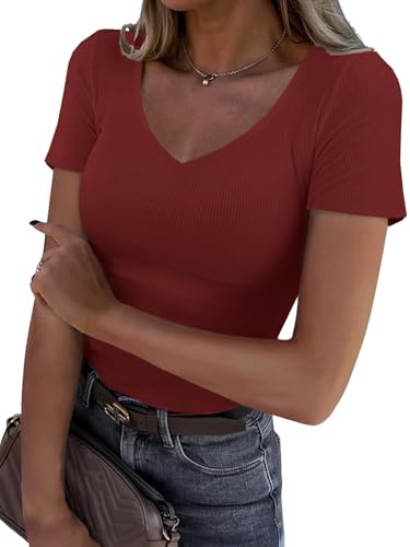 Mcnlyce T Shirt Damen V Ausschnitt Gerippt Shirts Eng Slim Kurzarm Ripped Locker Sexy Basic Tshirt Oberteil elegant Sommer Tops Burgundy Rot XL Mcnlyce T Shirt Damen V Ausschnitt Gerippt Shirts Eng Slim Kurzarm Ripped Locker Sexy Basic Tshirt Oberteil elegant Sommer Tops Burgundy Rot XL von Mcnlyce