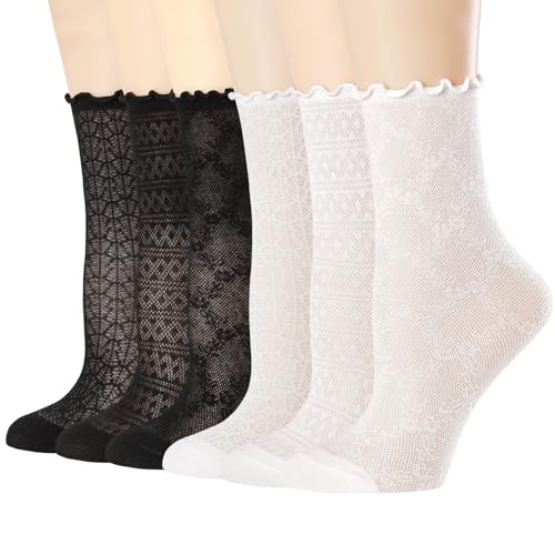 Mcool Mary Damen Rüschensocken Mesh Cool Casual Spitze Baumwolle Crew Sommer Ultra Dünn Rüschen Knöchelsocken für Frauen 6 Paar, 6 Paar (3 Schwarz + 3 Weiß) - 3, 5-9 von Mcool Mary
