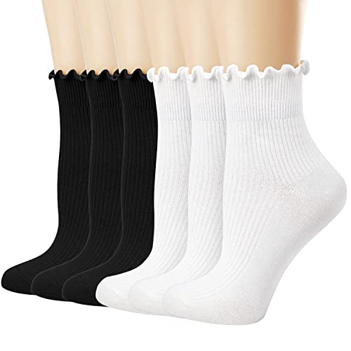 Mcool Mary Damen-Socken mit Rüschen, lässig, niedlich, atmungsaktiv, gestrickt, Baumwolle, warm, weich, Rüschen, Crew-Socken für Frauen, 6 Stück, (3schwarz + 3weiß)-1, 37-42 EU von Mcool Mary