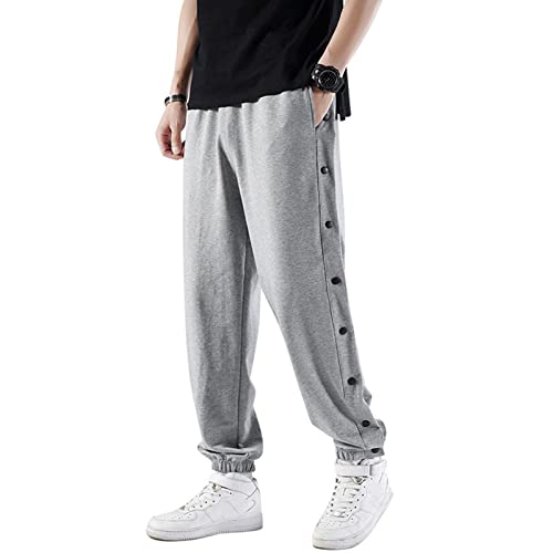 Herren Hosen Mit Seitlichen Knöpfen Streifen Knöpfe, Casual Loose Basketball Trainingshose,Grau,2XL von Mdrcg