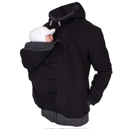 Känguru Kapuzenpullover Vater und Baby, Fleece 2in1 Männer Tragejacke Softshelljacke Warme Babytrage Mantel,Schwarz,L von Mdrcg