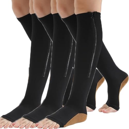 Kompressionsstrümpfe Für Damen Herren, 3 Paar Klasse 2 Kompressionssocken Stützstrümpfe Mit Reißverschluss 20-30 mmHg Open Toe Compression Socks Für Krampfadern, Ödeme,A,XL von Mdrcg
