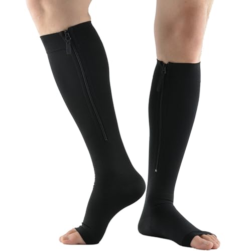 Mdrcg 15-20 mmHg Zipper Kompressionssocken Stützstrümpfe Mit Reißverschluss,Kompressionsstrümpfe Für Damen Herren,Open Toe Knee High Calf Compression Socks,Schwarz,M von Mdrcg