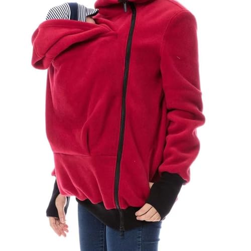 Mdrcg 3 in 1 Tragejacke Umstandsjacke für Mama und Baby Winter,Damen Langarm Umstandsjacke Warm Tragepullover mit Babyeinsatz,Rot,XL von Mdrcg