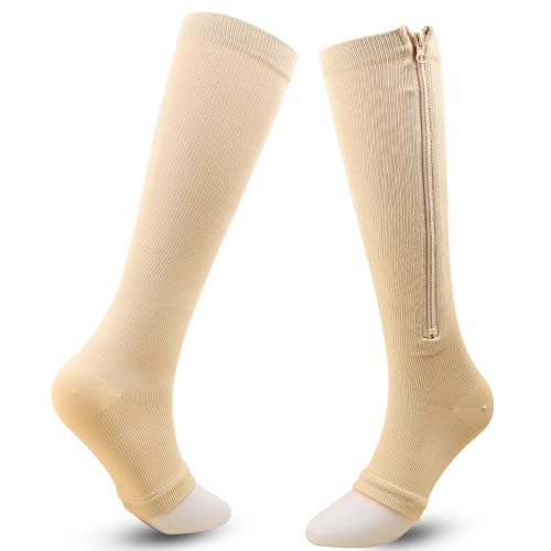 Mdrcg Kompressionsstrümpfe Damen Und Herren, Klasse 2, Kompression Stützstrümpfe Mit Reißverschluss Nylon Kniestütze Öffnen Toe Für Krampfadern Ödeme Flug,E,XXL von Mdrcg