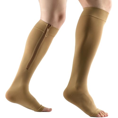 Mdrcg Zipper Kompressionsstrümpfe Damen Herren,Stützstrümpfe Mit Reißverschluss,15-20 mmHg Kompressionssocken Offenen Zehen, Compression Socks Für Krampfadern, Ödeme,Schwangere,Skin Color,XL von Mdrcg