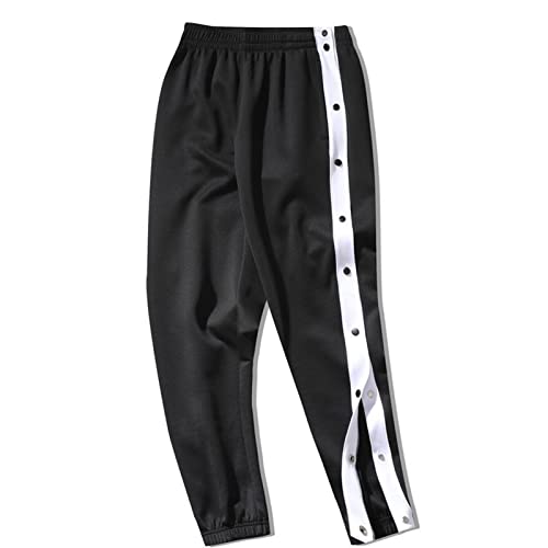 Sweatshose Herren Hosen Mit Seitlichen Knöpfen Streifen Jogginghose Mit Taschen, Knöpfe Loose Basketball Trainingshose,Schwarz,M von Mdrcg