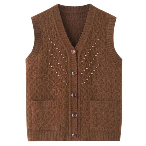 MdybF Gestrickte Weste Frühling Herbst Perlen Strickpullover Weste Jacke Frauen Verdickte Ärmellose Pullovermantel Oma Strickjacke Weste Outwear Outwear Tops-Braun-3Xl 60-68 Kg von MdybF