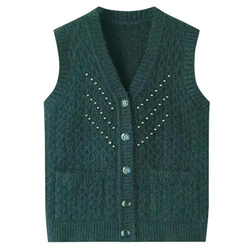 MdybF Gestrickte Weste Frühling Herbst Perlen Strickpullover Weste Jacke Frauen Verdickte Ärmellose Pullovermantel Oma Strickjacke Weste Outwear Outwear Tops-Dunkelgrün-4Xl 68-75 Kg von MdybF