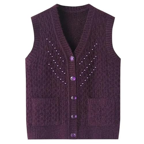 MdybF Gestrickte Weste Frühling Herbst Perlen Strickpullover Weste Jacke Frauen Verdickte Ärmellose Pullovermantel Oma Strickjacke Weste Outwear Outwear Tops-Lila-4Xl 68-75 Kg von MdybF