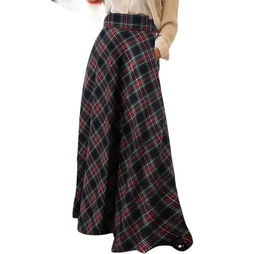 MdybF Maxirock Damen Große Größe Elegante Kleidung Kontrollieren Hemden Casual Hoher Rock Maxi Rock Weiblicher A-Linie, Schwarz, XXXL von MdybF