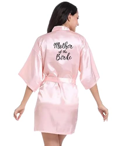 MdybF Morgenmantel Brautjungfer Robe Mit Weißen Schwarzen Buchstaben Mutter Schwester Der Braut Hochzeitsgeschenk Bademantel Kimono Satin Roben-Rosa Mutter Braut-L von MdybF