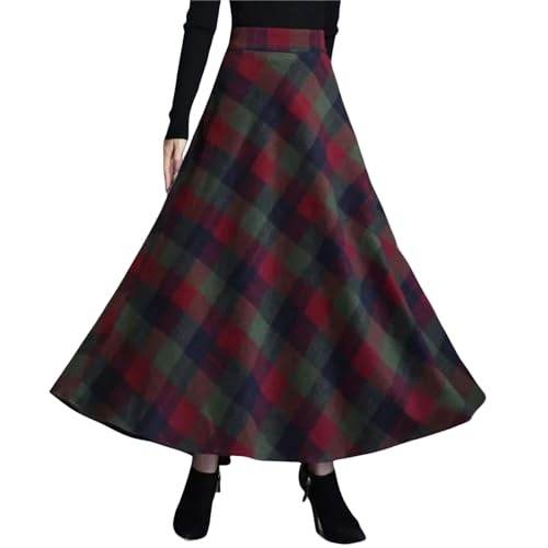 MdybF Rock Damen Frauen Herbst Winter Plus Größe Rock Vintage Elastic High Taille Plissee A-line-röcke Streetwear Frauen Lange Röcke-rot-XL von MdybF