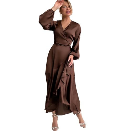MdybF Satinkleid Damen Kleider Für Frauen Satin Laternenhülle Kleid Schnürung Midi High Taille Kleid-Braun-L von MdybF
