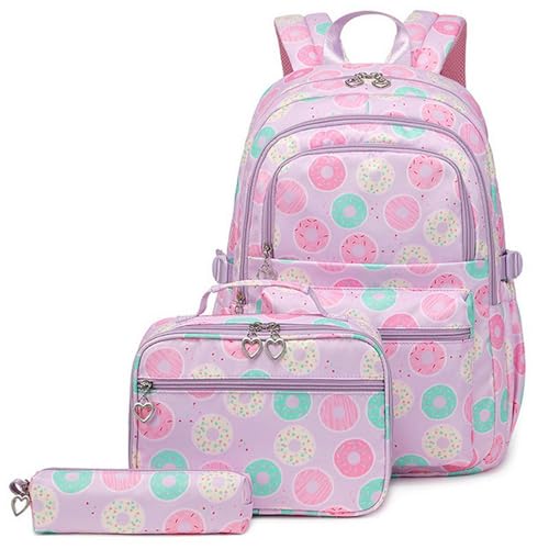 MdybF Schulrucksack 3 -Teilige Set Girls Schultasche Mit Bleistiftkoffer Lunchbox Bedrucktes Rucksack School -Schultasche-Lila von MdybF