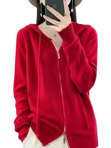 MdybF Strickjacke Frauen Hoodie Cardigan Reißverschluss Pullover Langarm Casual Lose Cashmere Strickmantel-Zhong Guo Hong-M von MdybF