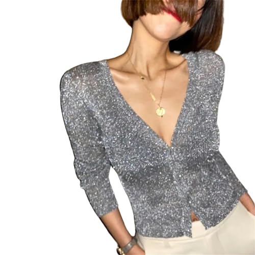 MdybF Strickjacke Perlenknopf Frauenheller Seide Dünner Pullover Mantel Sexy V-Ausschnitt Strickpullover Obere Gold Und Silberne Strickjacke-Silber-L von MdybF