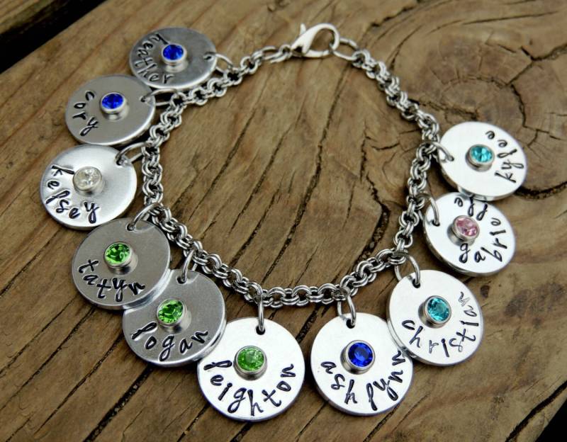Benutzerdefinierte Charm-Armband Mit Namen Und Glücksstein Für Mama Oder Oma, Personalisierte Id-Armband, Besonderes Geschenk Eingravierte Birth von MeAndMySweetPea