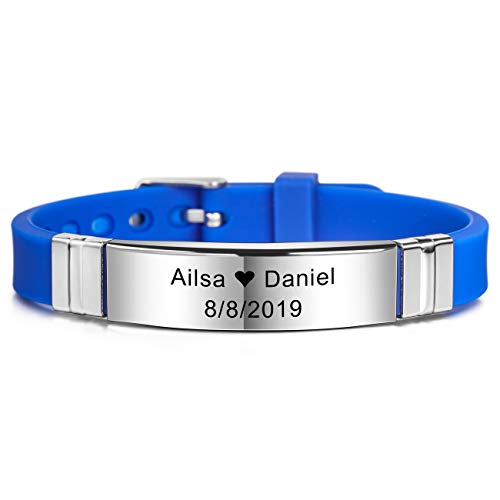 MeMeDIY 13mm Breites Armband Silikon Einstellbare Sport Name Handgelenk Id Etikett Identifikation Personalisierte Armband Für Herren Damen Kinder Edelstahl Gummi Angepasst Gravur (Blau Farbe) von MeMeDIY