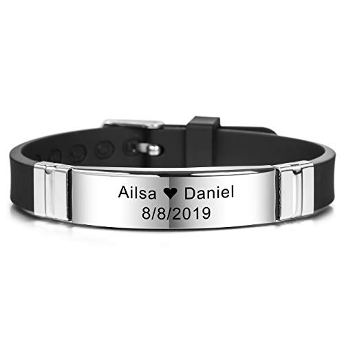 MeMeDIY 13mm Breites Armband Silikon Einstellbare Sport Name Handgelenk Id Etikett Identifikation Personalisierte Armband Für Herren Damen Kinder Edelstahl Gummi Angepasst Gravur (Schwarz Farbe) von MeMeDIY