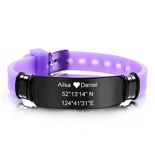 MeMeDIY 13mm Breites Armband Silikon Verstellbar Sport Name Handgelenk ID Tag Identifikation Personalisierte Armband Für Männer Frauen Kinder Edelstahl Gummi - Gravur Angepasst (Lila Farbe) von MeMeDIY