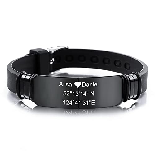 MeMeDIY 13mm Breites Armband Silikon Verstellbar Sport Name Handgelenk ID Tag Identifikation Personalisierte Armband Für Männer Frauen Kinder Edelstahl Gummi - Gravur Angepasst (Schwarz Farbe) von MeMeDIY