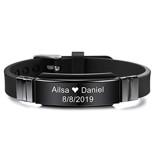 MeMeDIY 15mm Breites Armband Silikon Einstellbare Sport Name Handgelenk Id Etikett Identifikation Personalisierte Armband Für Herren Damen Kinder Edelstahl Gummi Angepasst Gravur (Schwarz Farbe) von MeMeDIY