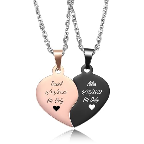 MeMeDIY 2 Stück Personalisierte Herz Puzzle Kette mit Gravur für Damen Herren Freundin Freund Paar Kette Freundschaftskette Silber Gold Schwarz Farbe -A2 von MeMeDIY