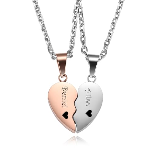 MeMeDIY 2 Stück Personalisierte Herz Puzzle Kette mit Gravur für Damen Herren Freundin Freund Paar Kette Freundschaftskette Silber Gold Schwarz Farbe -B3 von MeMeDIY