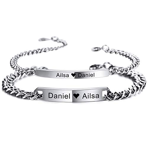 MeMeDIY 2 Stücke Set personalisierter Paar-Armbänder Anpassen Gravur Name/Datum für Männer Frauen Freundin Edelstahl Verstellbarer Panzerkette Liebesbeziehung Valentinsgeschenk(Silberne) von MeMeDIY