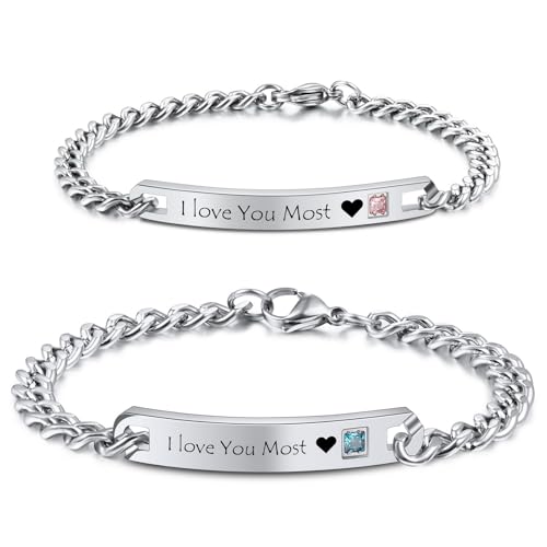 MeMeDIY 2 Stücke Set personalisierter Paar-Armbänder Anpassen Gravur Name/Datum für Männer Frauen Freundin Edelstahl Verstellbarer Panzerkette Liebesbeziehung Valentinsgeschenk A2 von MeMeDIY