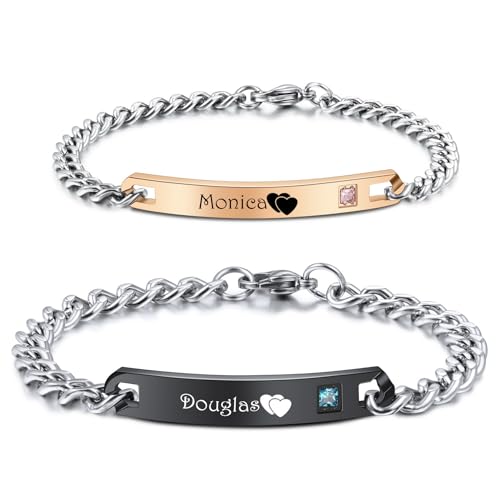 MeMeDIY 2 Stücke Set personalisierter Paar-Armbänder Anpassen Gravur Name/Datum für Männer Frauen Freundin Edelstahl Verstellbarer Panzerkette Liebesbeziehung Valentinsgeschenk D1 von MeMeDIY