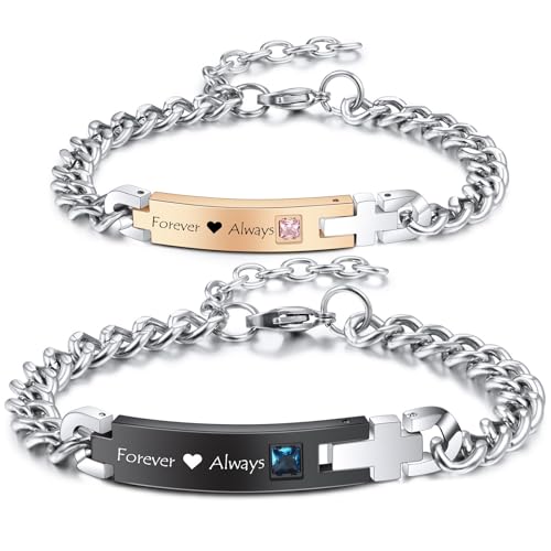 MeMeDIY 2 Stücke Set personalisierter Paar-Armbänder Anpassen Gravur Name/Datum für Männer Frauen Freundin Edelstahl Verstellbarer Panzerkette Liebesbeziehung Valentinsgeschenk D2 von MeMeDIY